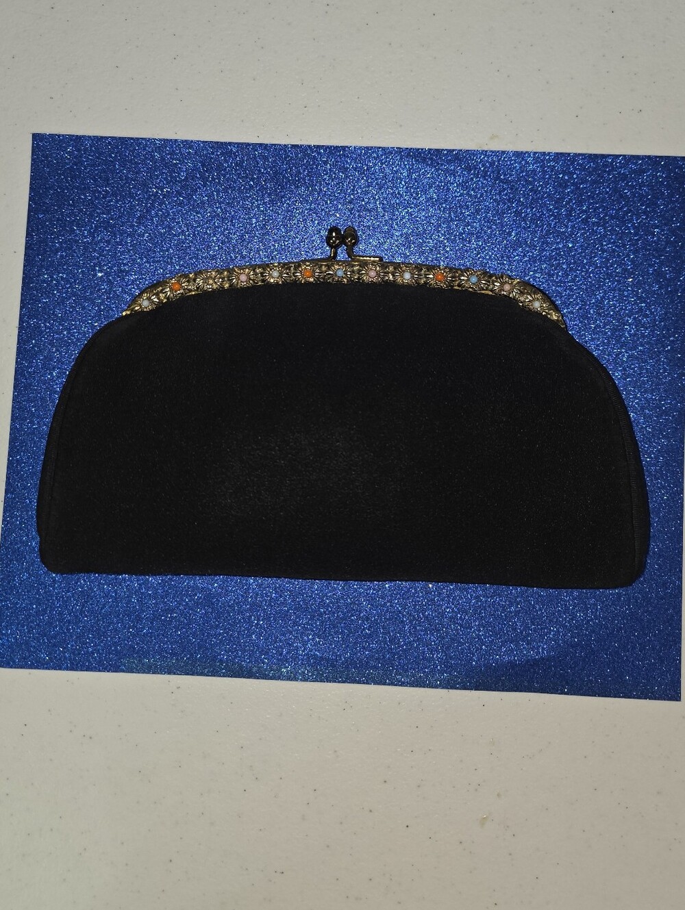 Garay Vintage Faille Black Clutch Jeweled Daisies Gold Frame & Kisslock